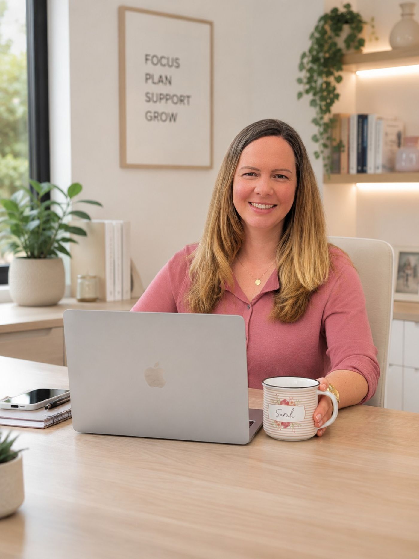 Sarah an ihrem Schreibtisch mit Laptop – Unterstützung für Sichtbarkeit und Online-Business